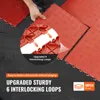 A person is shown installing red interlocking floor tiles on a dark gray surface. A close-up inset highlights the interlocking mechanism. Podgląd zdjęcia produktu