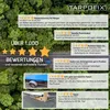 A collage of customer reviews and product images set against a forest and road background. Produktbild-Vorschau