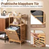 A bathroom scene featuring a bamboo laundry basket with a flip-down front and shelves above, with close-up insets highlighting features. Podgląd zdjęcia produktu
