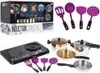 A collection of toy kitchen items including a play stove, pots, pans, and utensils, along with a box of the product. Produktbild-Vorschau