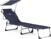 A navy blue folding lounge chair with a sun canopy, presented against a white background. Náhled obrázku produktu