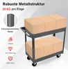 A two-tier metal cart loaded with cardboard boxes, with feature callouts on the left. Podgląd zdjęcia produktu