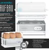 An exploded view diagram and product shots of an egg cooker, with feature callouts. Produktbild-Vorschau