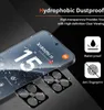 A smartphone screen with water droplets and camera lens protectors in the foreground, with marketing text and icons on the right. Produktbild-Vorschau