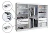 A white wardrobe with sliding doors, showing various compartments, shelves, drawers, and hanging clothes. There are also inset circular views highlighting the interior of drawers. Produktbild-Vorschau