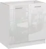 A white kitchen cabinet with two doors and silver handles, reflecting a room with tables and chairs. Náhled obrázku produktu