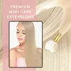 A woman with blonde hair is shown with hair extensions, and a close-up of the tape extensions is also visible. Produktbild-Vorschau