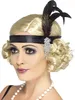 A woman wearing a blonde wig and a 1920s-style headband with a feather and rhinestones. Produktbild-Vorschau