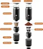 An exploded view diagram showing the components of a portable electric espresso machine, with labels indicating each part. Náhled obrázku produktu