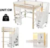 A collage of images showing a loft bed with stairs, including detailed dimensions and close-ups of features. Produktbild-Vorschau