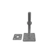 A metal post support with a threaded rod and nut, and a separate square plate with holes, are shown against a white background. Produktbild-Vorschau