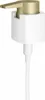 A product shot of a white and gold pump dispenser with a white tube. Produktbild-Vorschau