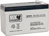 A white lead-acid battery with black terminals and labels. Náhled obrázku produktu