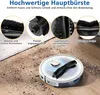 A robotic vacuum cleaner is shown on a floor with debris, with close-up images of its brush accessories and descriptive text. Produktbild-Vorschau