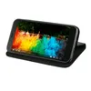 A black wallet-style phone case for a Samsung Galaxy A70, shown with the phone inside and displaying a colorful video. Produktbild-Vorschau