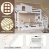 A white wooden bunk bed with a house-like design, featuring a window, stairs with shelves, and drawers. The image includes close-up insets of the window and bed slats, as well as dimensions and feature labels. Produktbild-Vorschau