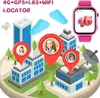 An isometric illustration of a city with buildings, trees, and a smartwatch. Pin markers with children's photos are placed on the buildings, indicating locations. Produktbild-Vorschau