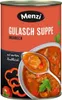 A can of Menzi Gulasch Suppe with a close-up of the soup on a spoon and in a bowl. Produktbild-Vorschau