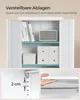 An open white metal cabinet with shelves displaying books, a speaker, and storage boxes. A close-up inset shows a hand adjusting a shelf with a measurement indicator. Náhled obrázku produktu