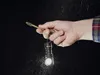 A hand holding a key with a flashlight attached to it, with water droplets in the air. Produktbild-Vorschau