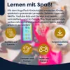Marketing image for a children's tablet, showing features and benefits with icons and text. Produktbild-Vorschau