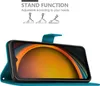 A teal flip case for a smartphone is shown open, displaying the phone's screen. Above the case, there are illustrations demonstrating the stand function of the case. Produktbild-Vorschau