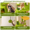 A collage of four images showcasing different features of a cat tree, with German text descriptions. Náhled obrázku produktu