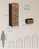 A diagram showing the dimensions of a chest of drawers and a fabric drawer, with a silhouette of a person for scale. Produktbild-Vorschau