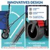 A split image showing features of a blue foldable wagon. The left side highlights an adjustable handle, and the right side details the wheels and their features. Anteprima dell’immagine prodotto