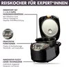 A promotional image of a rice cooker with text overlays highlighting its features. Produktbild-Vorschau