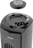 Close-up view of the top of a black tower fan and its remote control. Produktbild-Vorschau