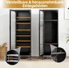 Two tall, narrow cabinets are shown side-by-side. The left cabinet is fully assembled and shows multiple shelves. The right cabinet is also assembled but one door is open, revealing a different shelf configuration. Insets show close-ups of shelf spacing an Podgląd zdjęcia produktu