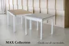 Two square tables with white legs and different colored tops, set against a textured wooden wall. Produktbild-Vorschau