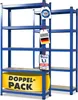 Two blue metal shelving units are shown side-by-side against a white background. The unit on the left has a large yellow 'DOPPEL-PACK' banner on the bottom shelf. Several tags with certifications and German text are hanging from the front post of the left  Anteprima dell’immagine prodotto