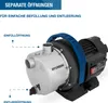A Hyundai garden pump is shown with labels pointing to its filling and emptying openings. Produktbild-Vorschau