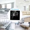 A collage of four different room settings (living room, classroom, office, bedroom) with a central image of a thermostat. Produktbild-Vorschau
