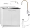 A white kitchen cabinet with a sink and faucet, along with plumbing accessories, displayed against a white background. Anteprima dell’immagine prodotto
