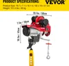A red electric hoist is shown with dimensions and specifications displayed. Náhľad obrázku produktu