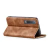A brown flip case for a smartphone is shown from the side, with the phone inside and the cover open. Produktbild-Vorschau