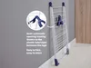 A white drying rack is shown leaning against a gray wall, with text describing its features. Produktbild-Vorschau