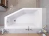 A top-down view of a white corner bathtub in a bathroom setting with tiled walls and wooden accents. Voir les images du produit