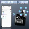 A smartphone displaying Bluetooth settings next to a pair of wireless earbuds in their charging case, with icons representing audio and call functions surrounding the earbuds. Produktbild-Vorschau