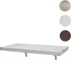A white folding wall table is shown against a white background, with three circular swatches of different wood finishes displayed to the right. Produktbild-Vorschau