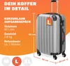 A silver suitcase with an "L" tag is shown next to descriptive text about its features and dimensions. Anteprima dell’immagine prodotto