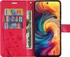A red flip-style phone case is open, showing credit cards and a banknote inserted into the case's internal pockets, and the phone screen displaying a colorful abstract image. Produktbild-Vorschau