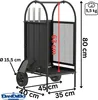 A black metal firewood rack with wheels and included fireplace tools, shown with dimensions and weight indicated. Podgląd zdjęcia produktu