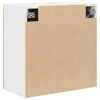 The back view of a white cabinet with a brown particleboard backing and metal hanging brackets. Produktbild-Vorschau