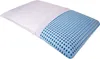 A pillow with a white fabric cover on one side and a blue perforated gel material on the other. Produktbild-Vorschau