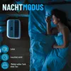 A woman sleeps in a bed next to a dehumidifier, with text overlays highlighting its features. Produktbild-Vorschau