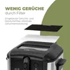 A close-up view of a deep fryer with filters being shown above it, accompanied by text describing its features. Produktbild-Vorschau